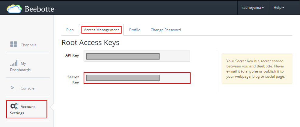 BeebotteのAccess ManagementからSecret Keyをコピーする