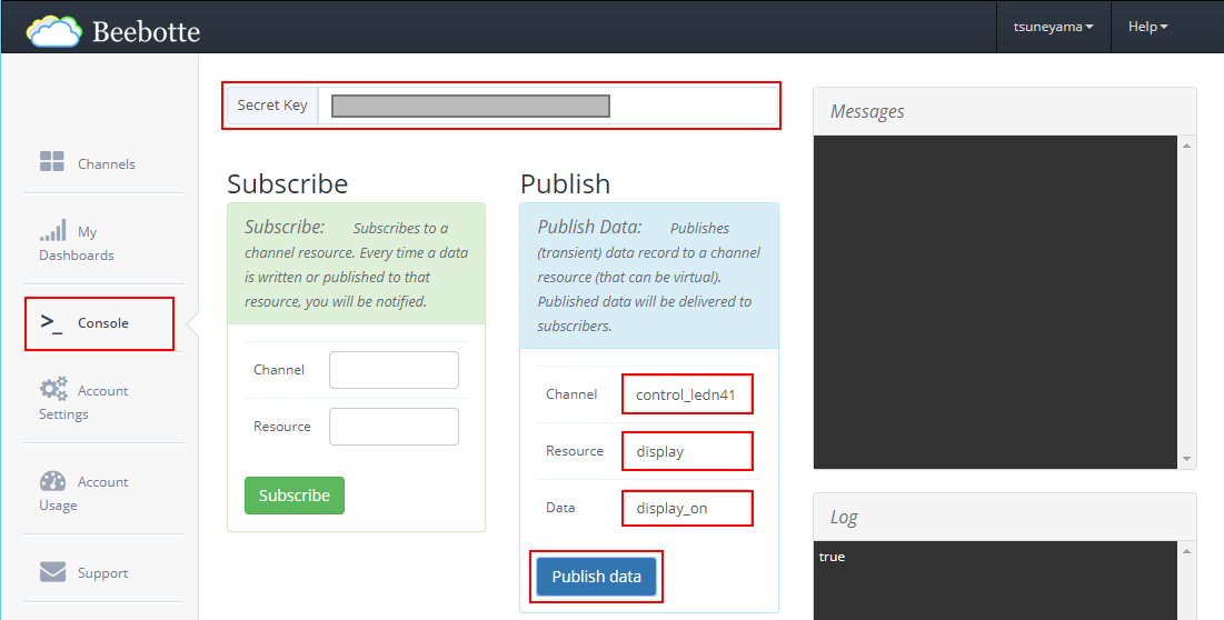 Beebotteのコンソールからデータをパブリッシュする
